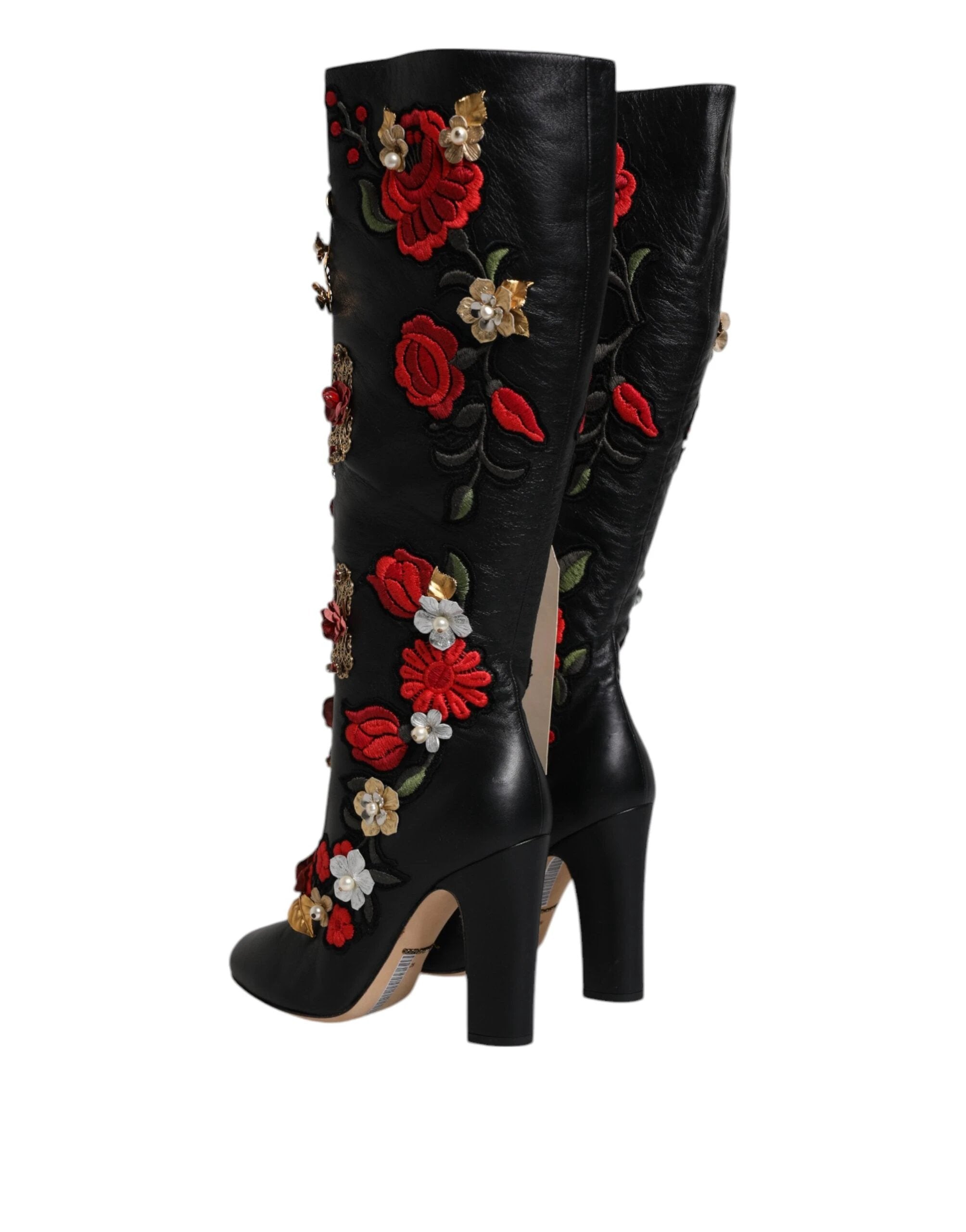 Dolce & Gabbana Black Roses Embellished Leather Heel Boots Shoes by Dolce & Gabbana