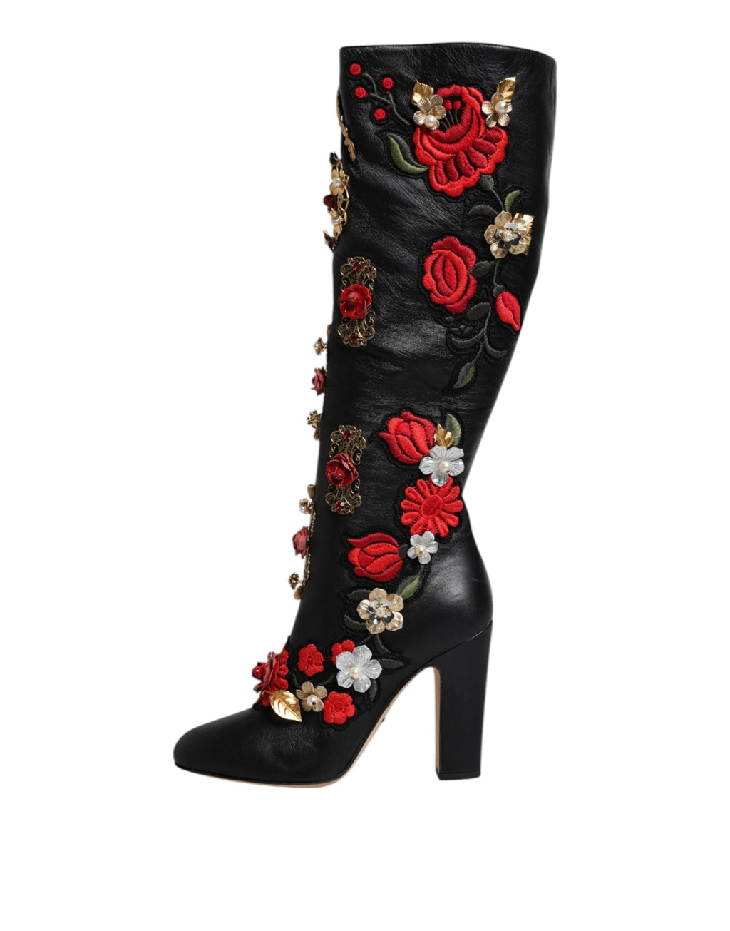Dolce & Gabbana Black Roses Embellished Leather Heel Boots Shoes by Dolce & Gabbana