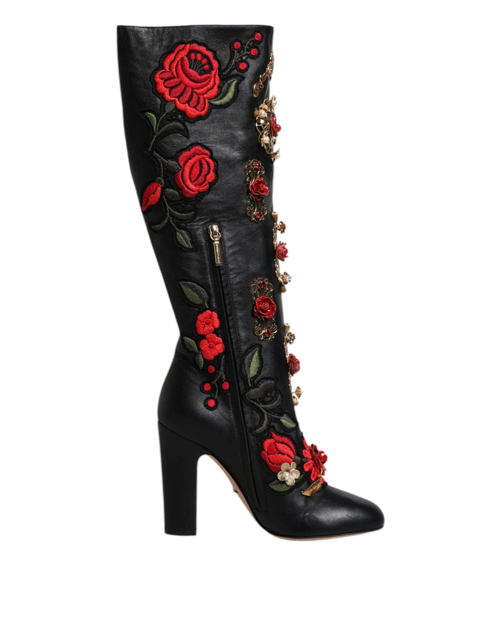 Dolce & Gabbana Black Roses Embellished Leather Heel Boots Shoes by Dolce & Gabbana