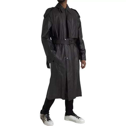Bottega Veneta Black Leather Men Waterproof Trenchcoat Jacket by Bottega Veneta