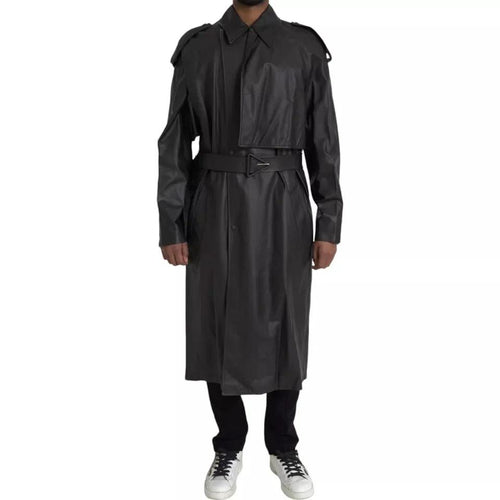 Bottega Veneta Black Leather Men Waterproof Trenchcoat Jacket by Bottega Veneta