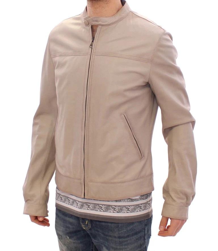 Dolce & Gabbana Beige Leather Jacket Biker Coat by Dolce & Gabbana
