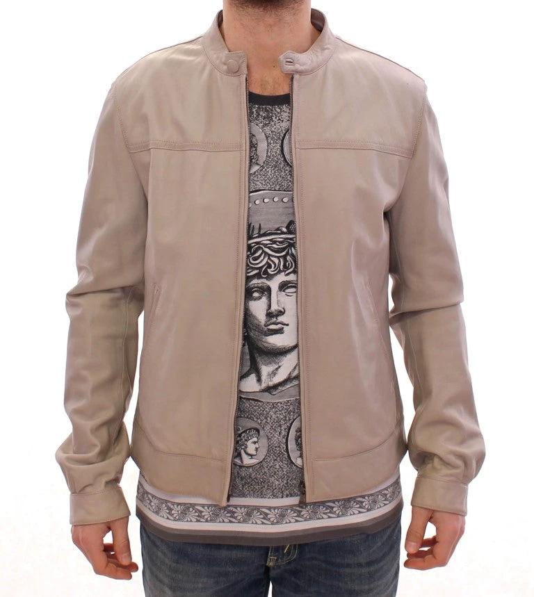 Dolce & Gabbana Beige Leather Jacket Biker Coat by Dolce & Gabbana