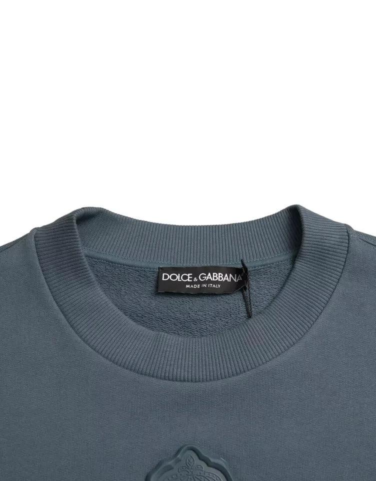 Dolce & Gabbana Blue Cotton Logo Patch Crew Neck Men Pullover Sweater by Dolce & Gabbana