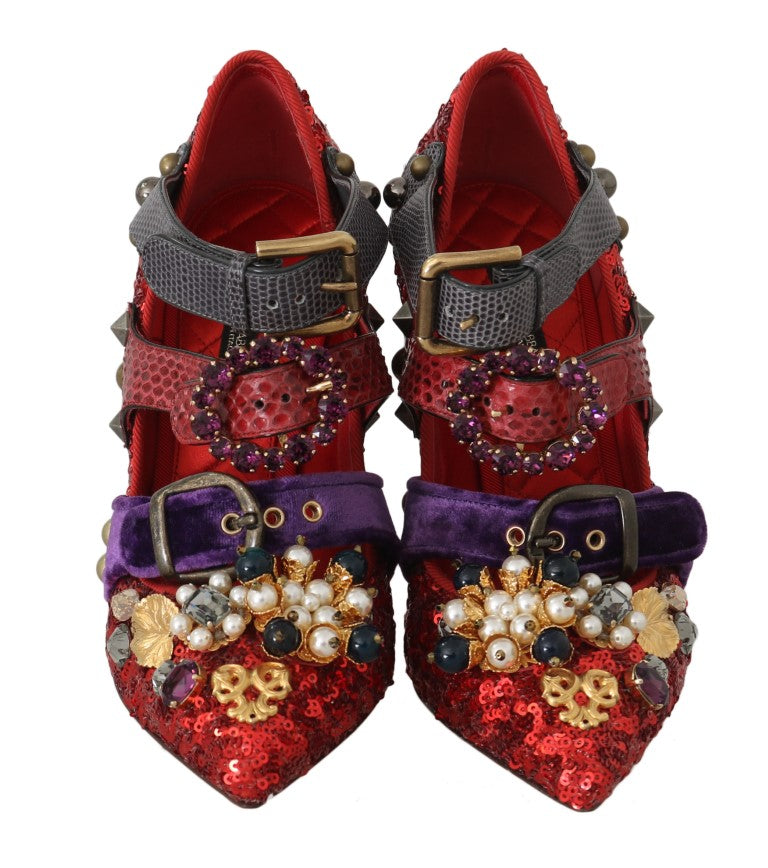 Dolce & Gabbana Red Sequined Crystal Studs Heels Shoes by Dolce & Gabbana