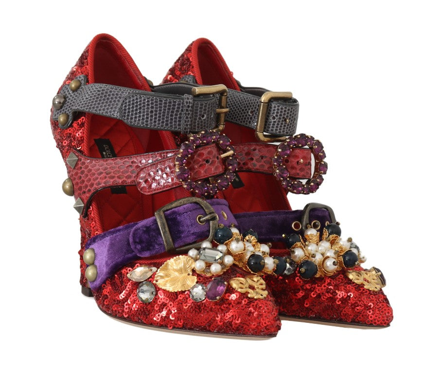 Dolce & Gabbana Red Sequined Crystal Studs Heels Shoes by Dolce & Gabbana