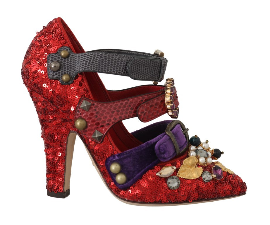 Dolce & Gabbana Red Sequined Crystal Studs Heels Shoes by Dolce & Gabbana