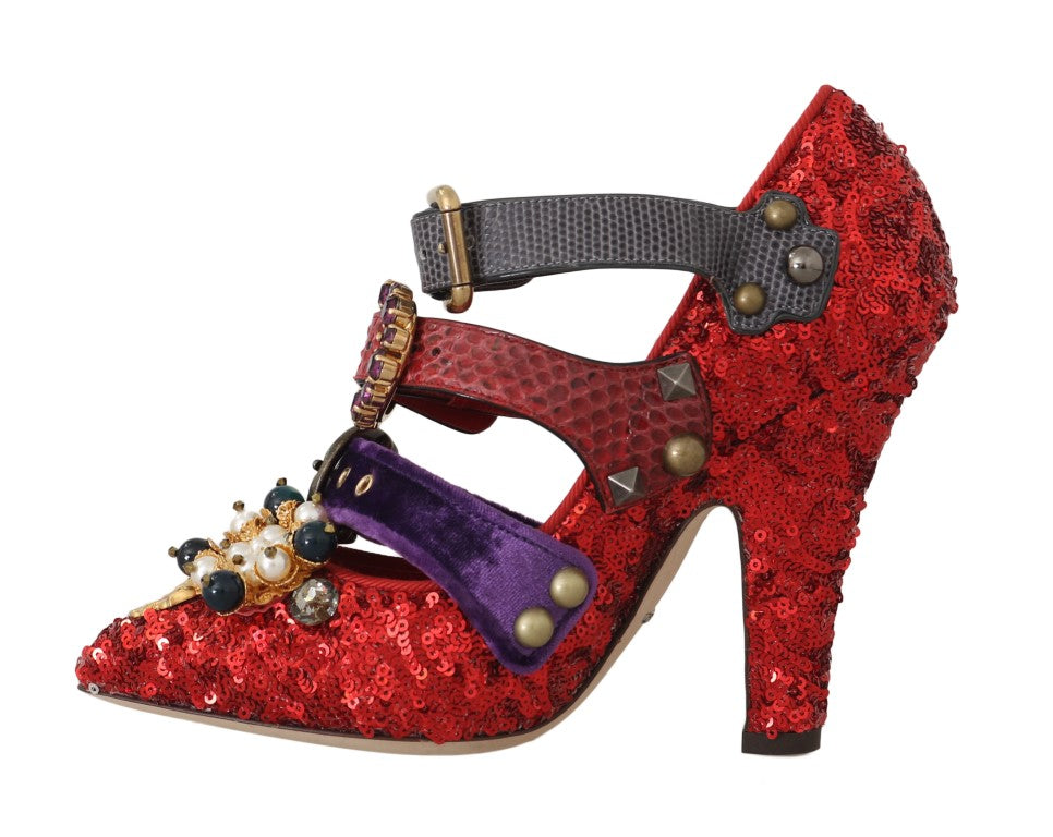 Dolce & Gabbana Red Sequined Crystal Studs Heels Shoes by Dolce & Gabbana