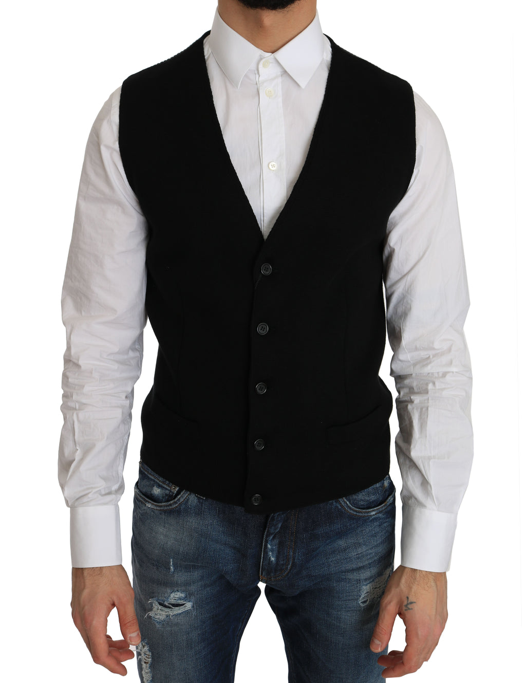 Dolce & Gabbana Black Cotton Dress Woven Waistcoat by Dolce & Gabbana