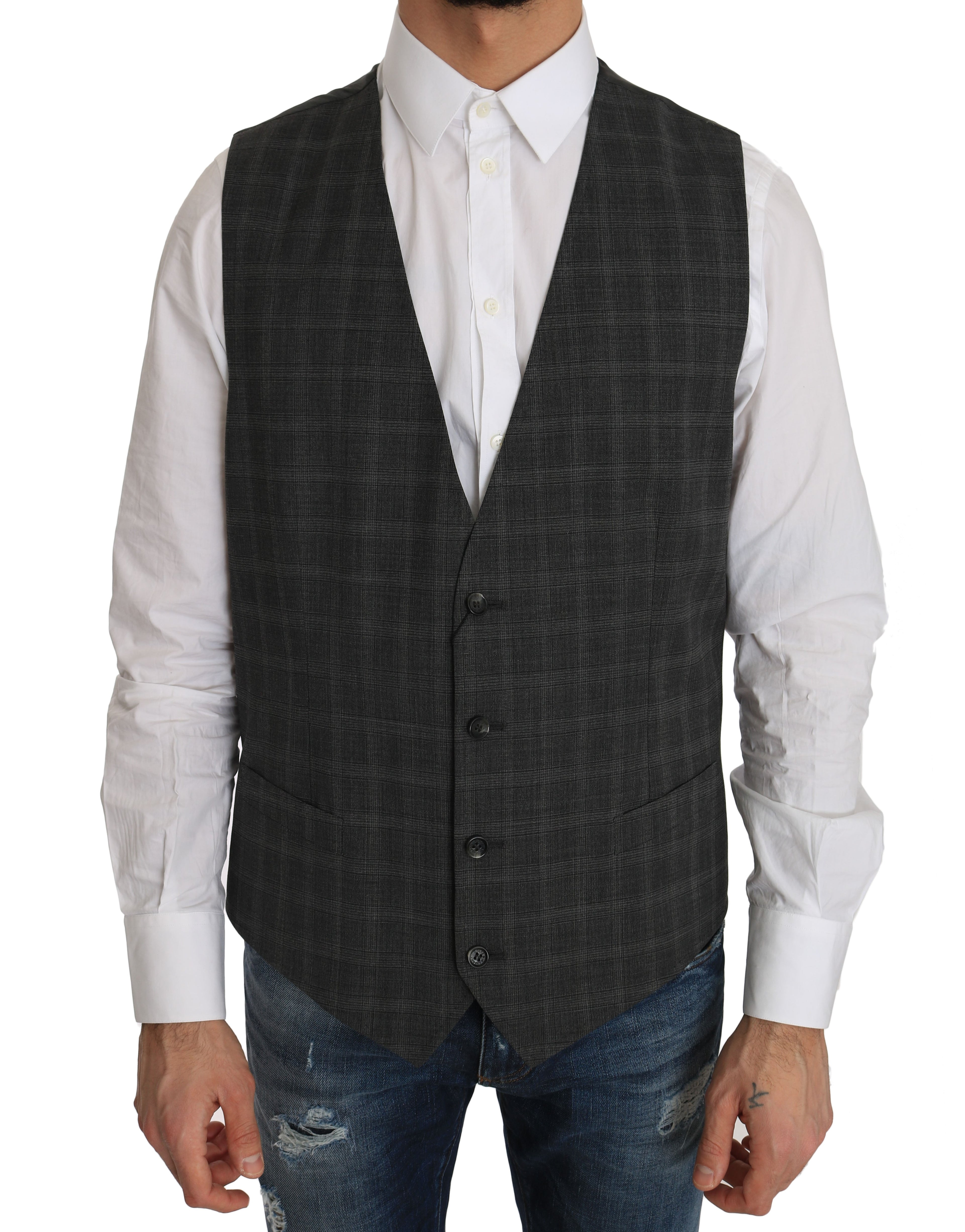 Dolce & Gabbana Gray Wool STAFF Checkered Stretch Vest by Dolce & Gabbana