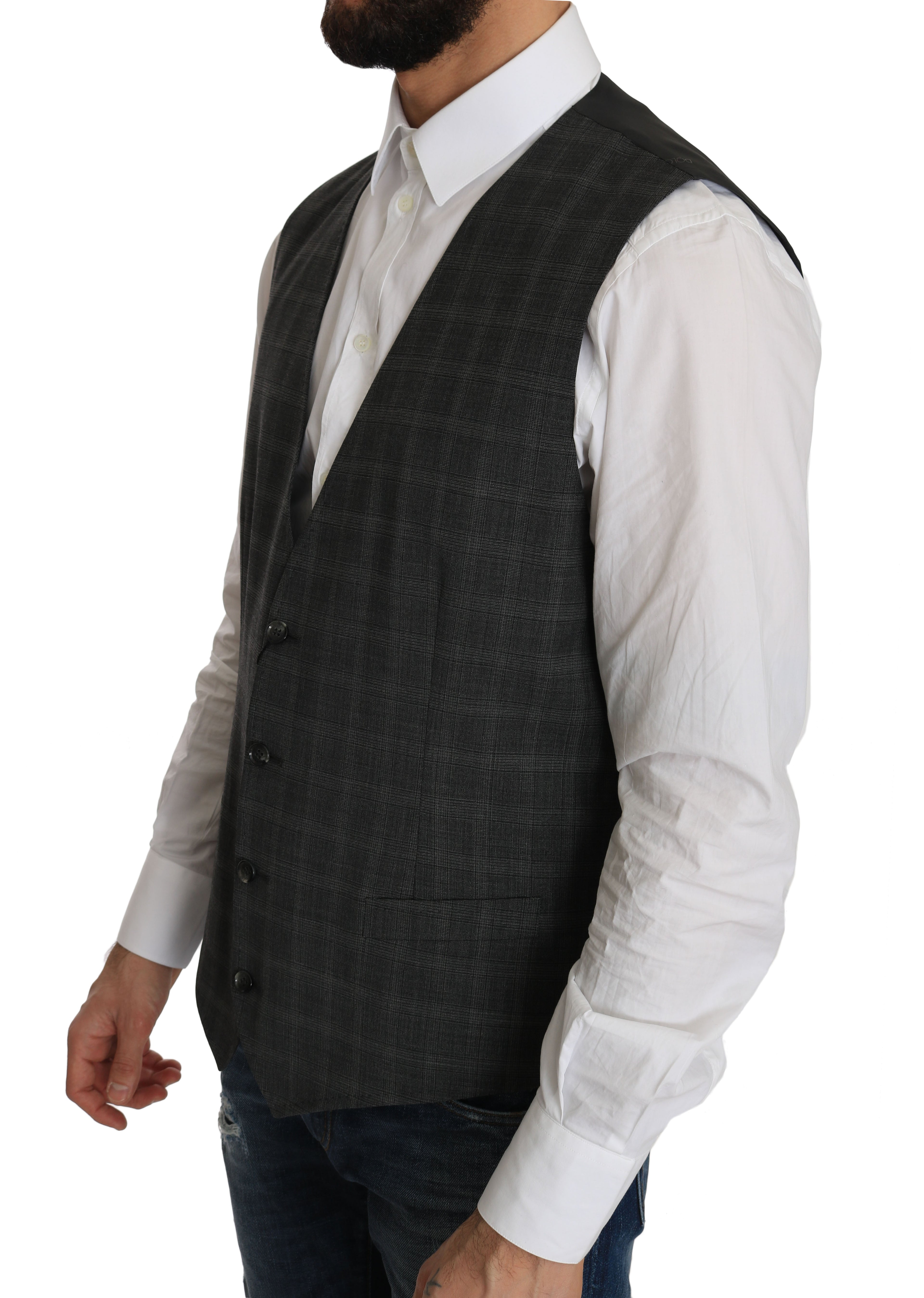 Dolce & Gabbana Gray Wool STAFF Checkered Stretch Vest by Dolce & Gabbana