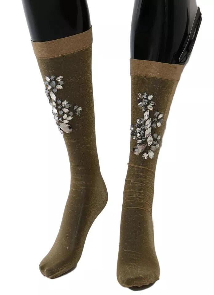 Dolce & Gabbana Gold Stretch Floral Clear Crystal Stocking Socks by Dolce & Gabbana