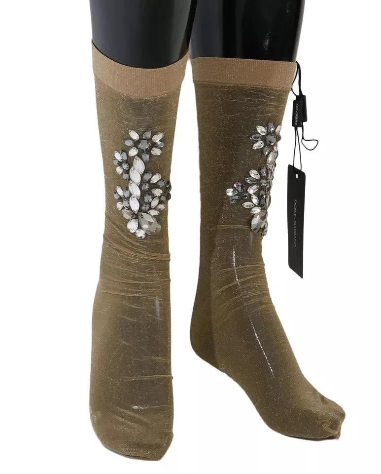 Dolce & Gabbana Gold Stretch Floral Clear Crystal Stocking Socks by Dolce & Gabbana
