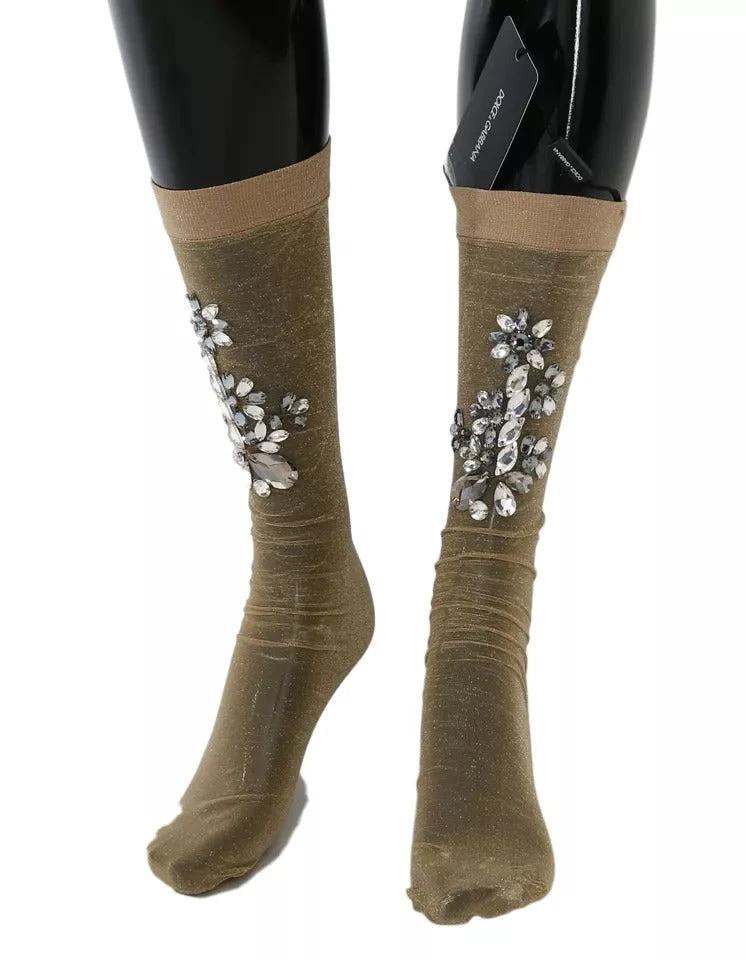 Dolce & Gabbana Gold Stretch Floral Clear Crystal Stocking Socks by Dolce & Gabbana
