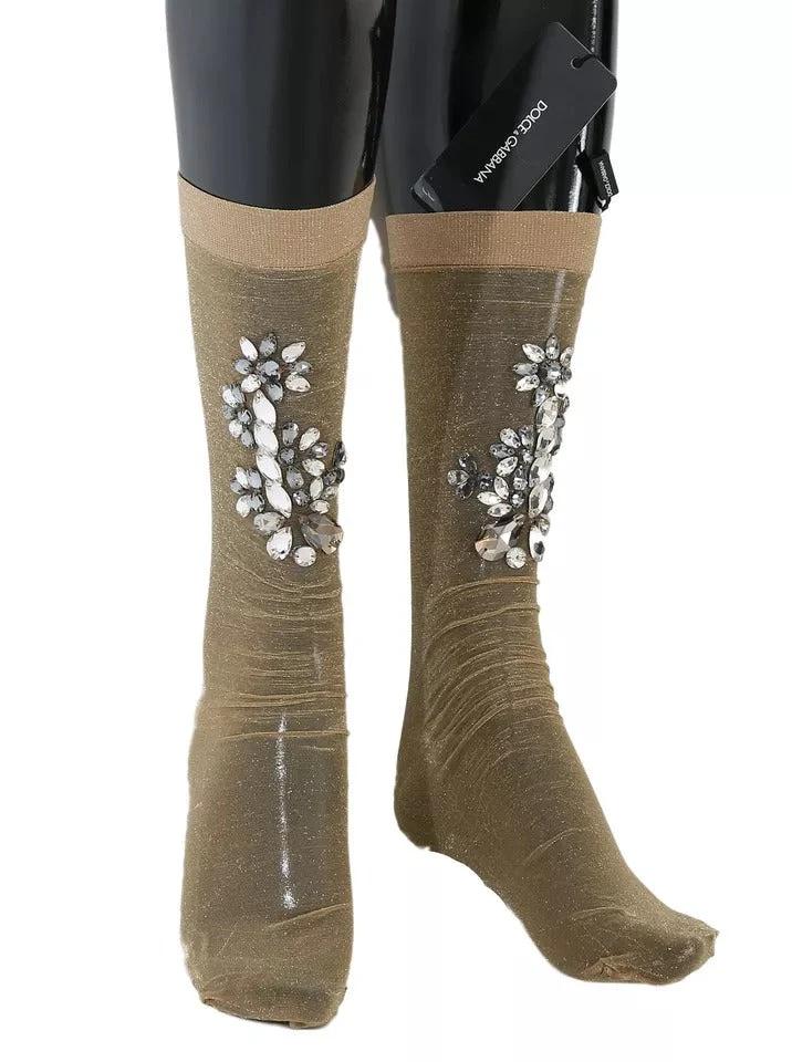 Dolce & Gabbana Gold Stretch Floral Clear Crystal Stocking Socks by Dolce & Gabbana