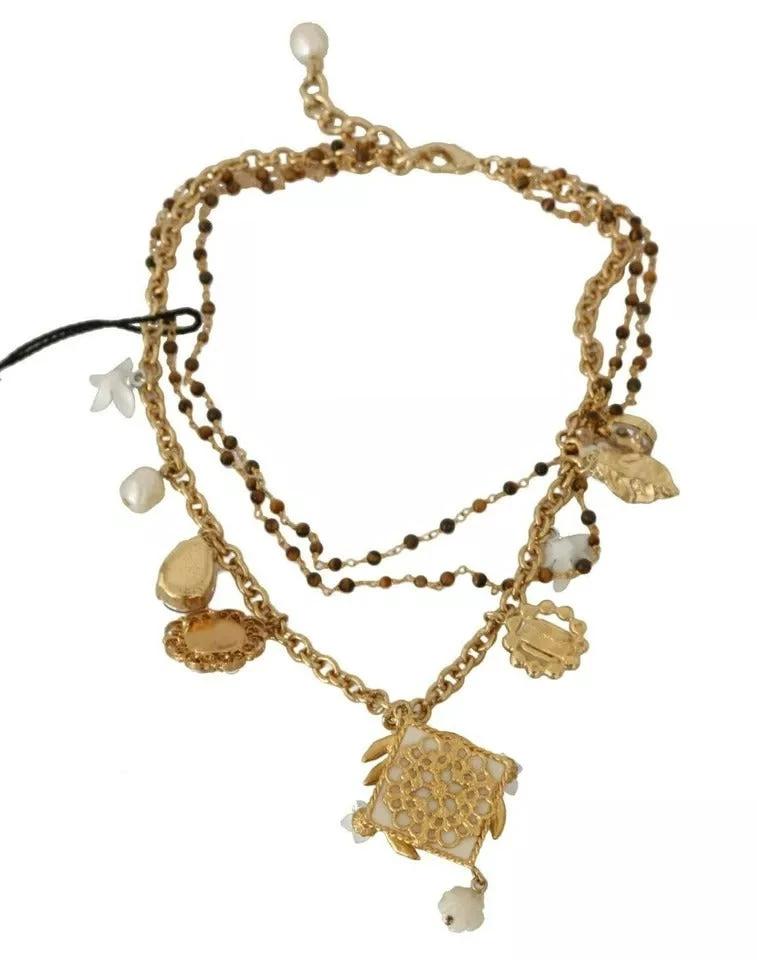 Dolce & Gabbana Gold Brass Crystal Floral Statement Charms Necklace by Dolce & Gabbana