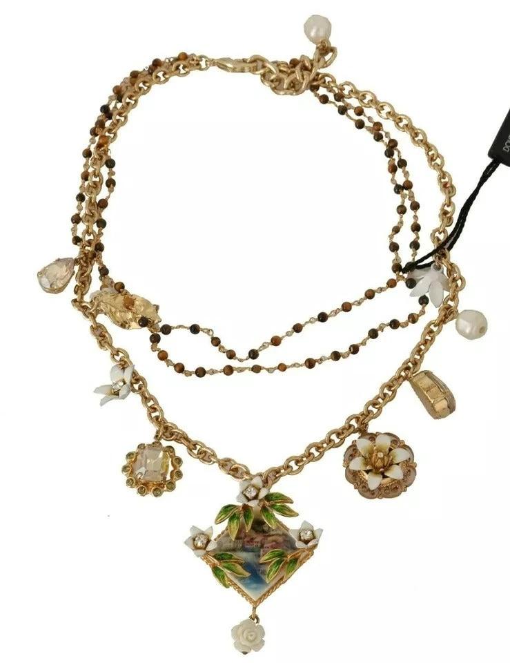Dolce & Gabbana Gold Brass Crystal Floral Statement Charms Necklace by Dolce & Gabbana