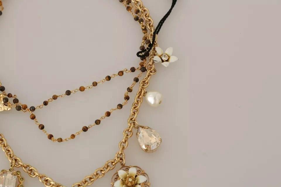 Dolce & Gabbana Gold Brass Crystal Floral Statement Charms Necklace by Dolce & Gabbana
