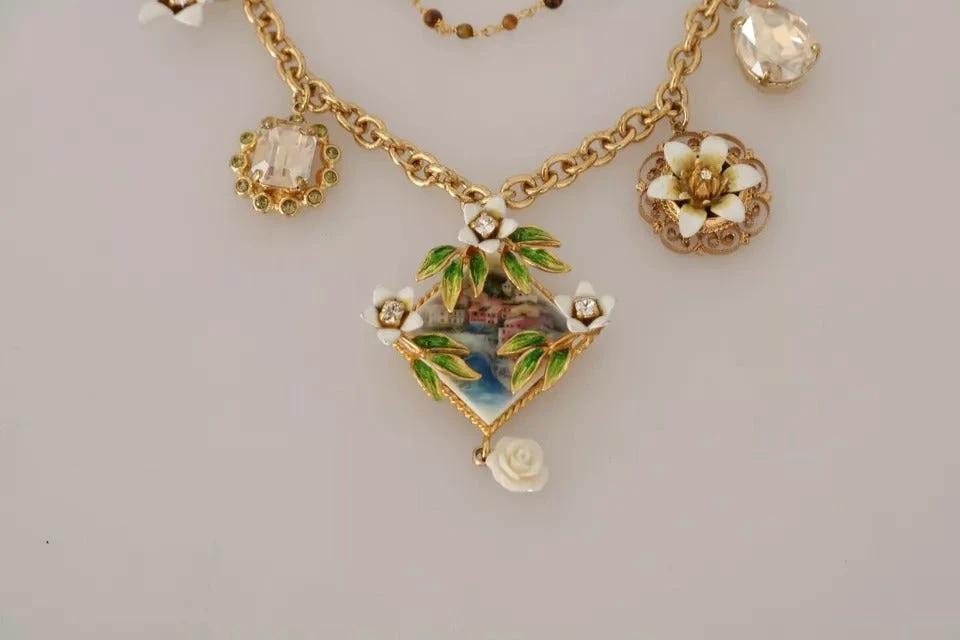 Dolce & Gabbana Gold Brass Crystal Floral Statement Charms Necklace by Dolce & Gabbana