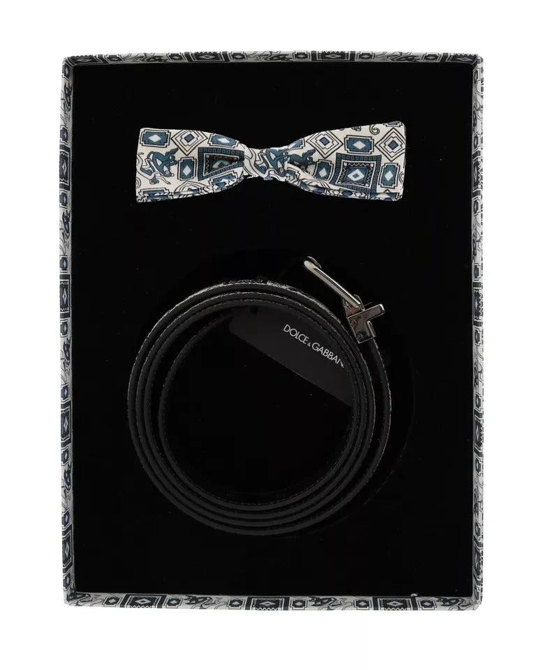 Dolce & Gabbana White Blue Silk Bowtie Leather Belt Gift Box Set by Dolce & Gabbana