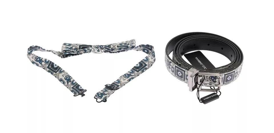 Dolce & Gabbana White Blue Silk Bowtie Leather Belt Gift Box Set by Dolce & Gabbana