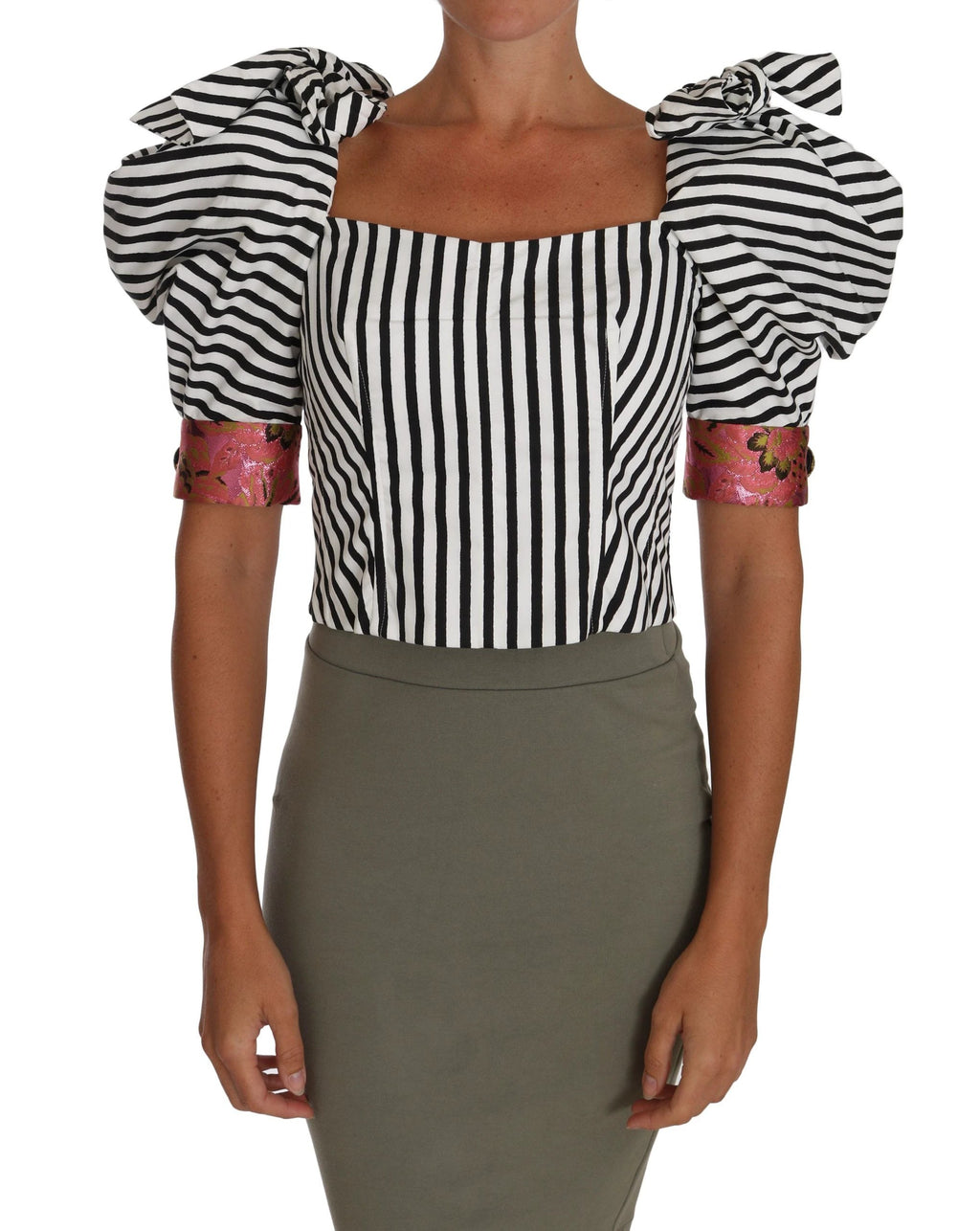 Dolce & Gabbana White Black Striped Cropped Top Puff Sleeve Shirts by Dolce & Gabbana