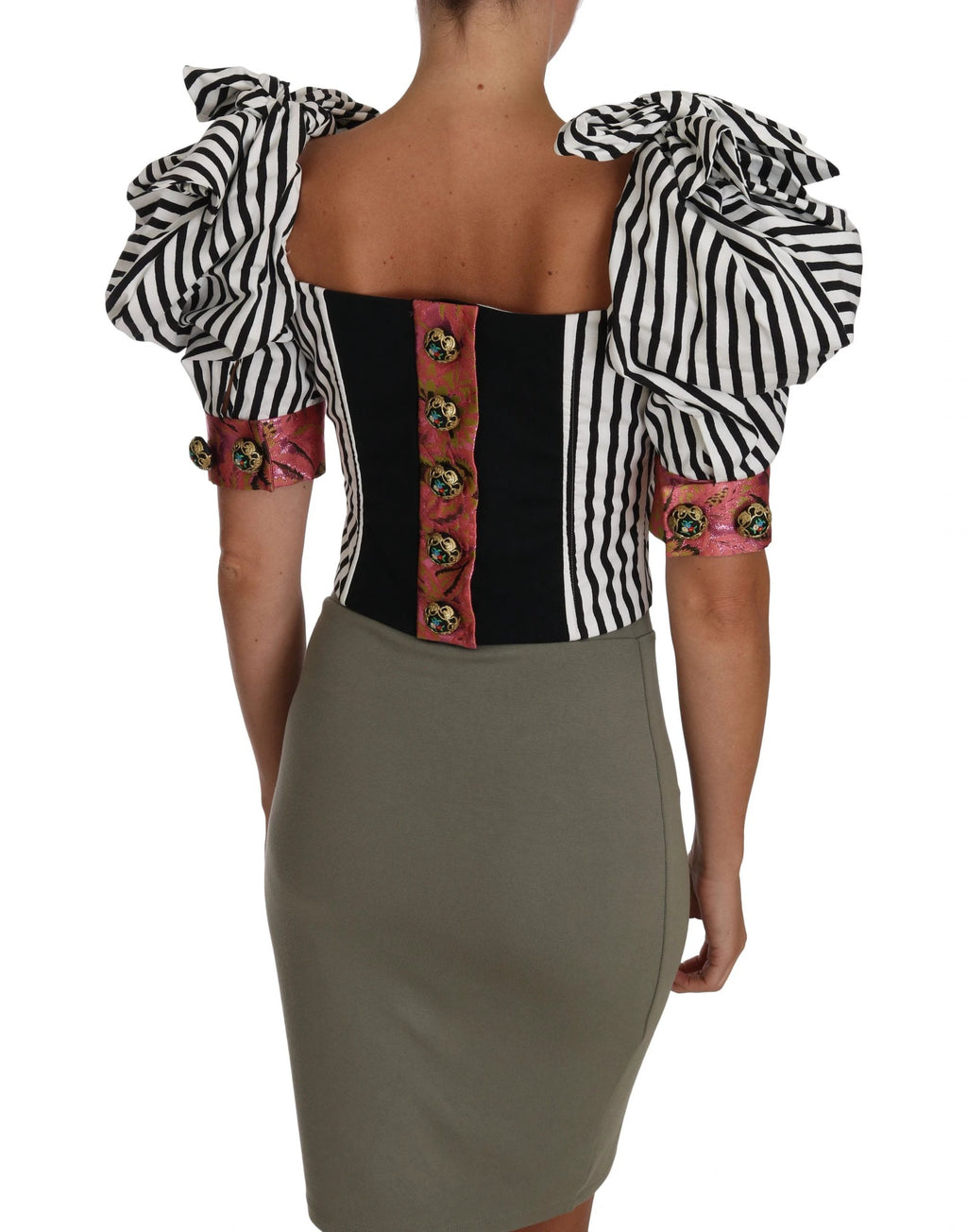 Dolce & Gabbana White Black Striped Cropped Top Puff Sleeve Shirts by Dolce & Gabbana