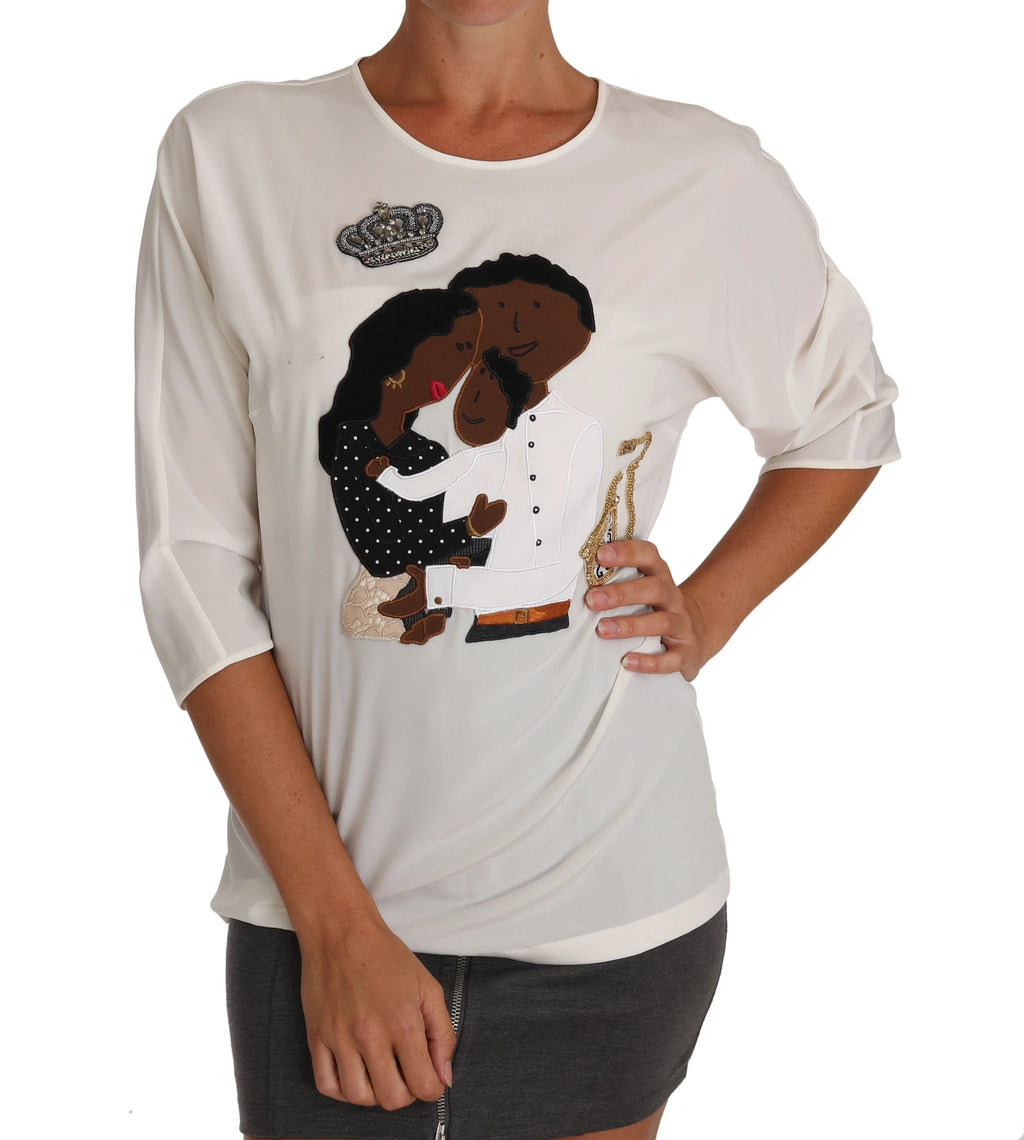 Dolce & Gabbana White Silk #dgfamily Crystal T-shirt by Dolce & Gabbana