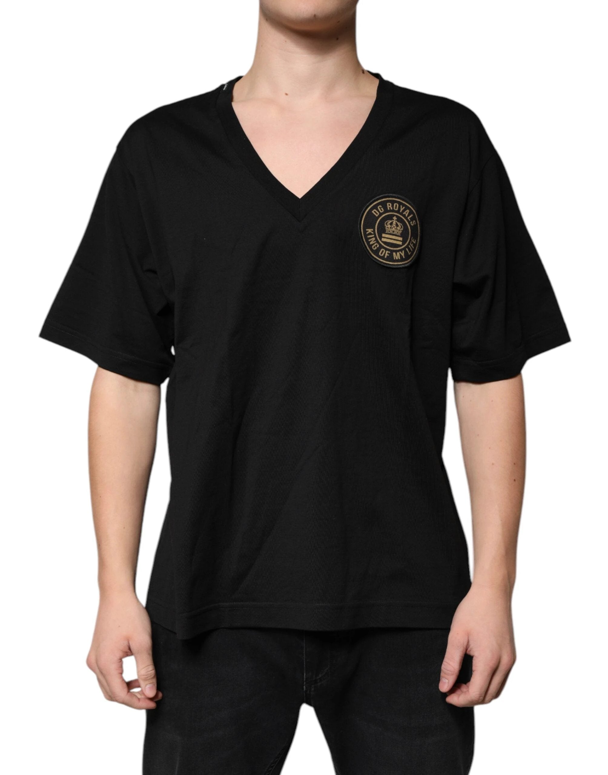 Dolce & Gabbana Black Cotton Logo Vneck Short Sleeve T-shirt by Dolce & Gabbana