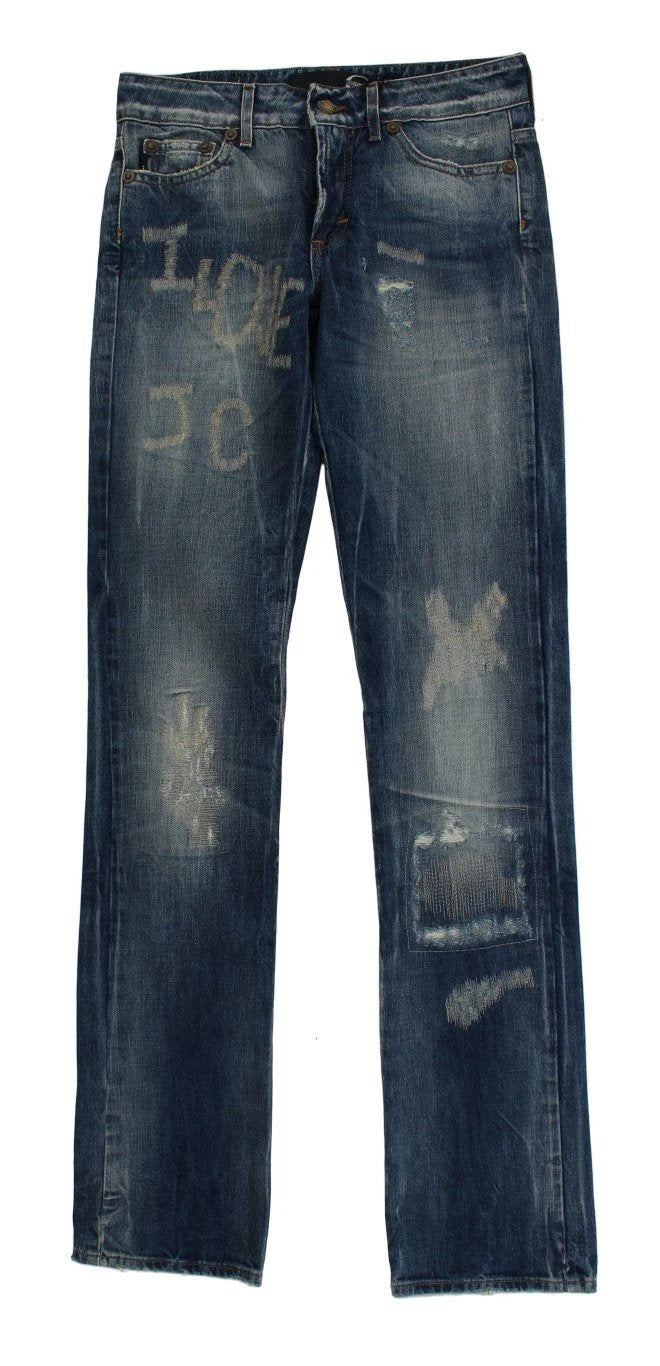 Cavalli Blue Wash Torn Cotton Straight Fit Jeans by Cavalli