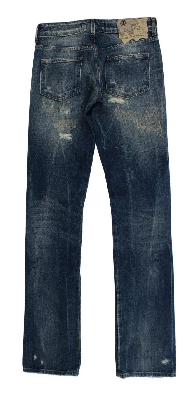 Cavalli Blue Wash Torn Cotton Straight Fit Jeans by Cavalli