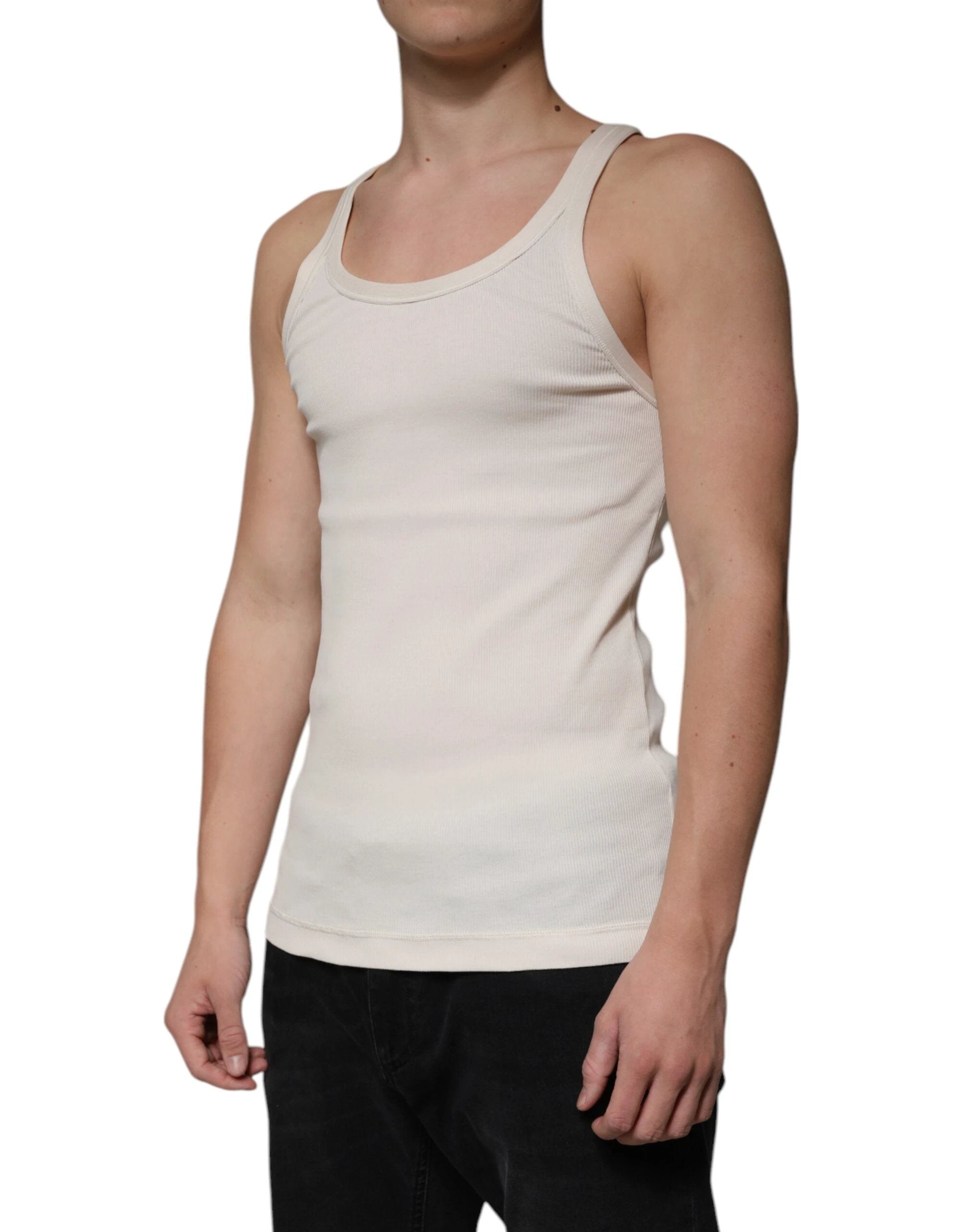 Dolce & Gabbana Off White Cotton Sleeveless Round Neck Tank T-shirt by Dolce & Gabbana