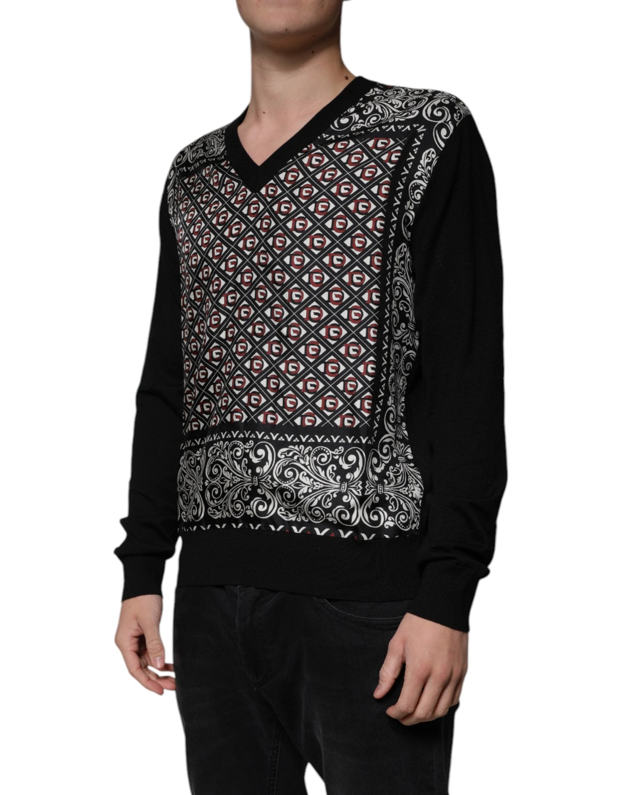 Dolce & Gabbana Black Logo Wool V-neck Pullover Sweater by Dolce & Gabbana