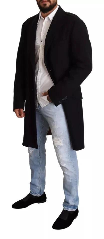 Dolce & Gabbana Blue Trench Coat Long Wool Stretch Jacket by Dolce & Gabbana