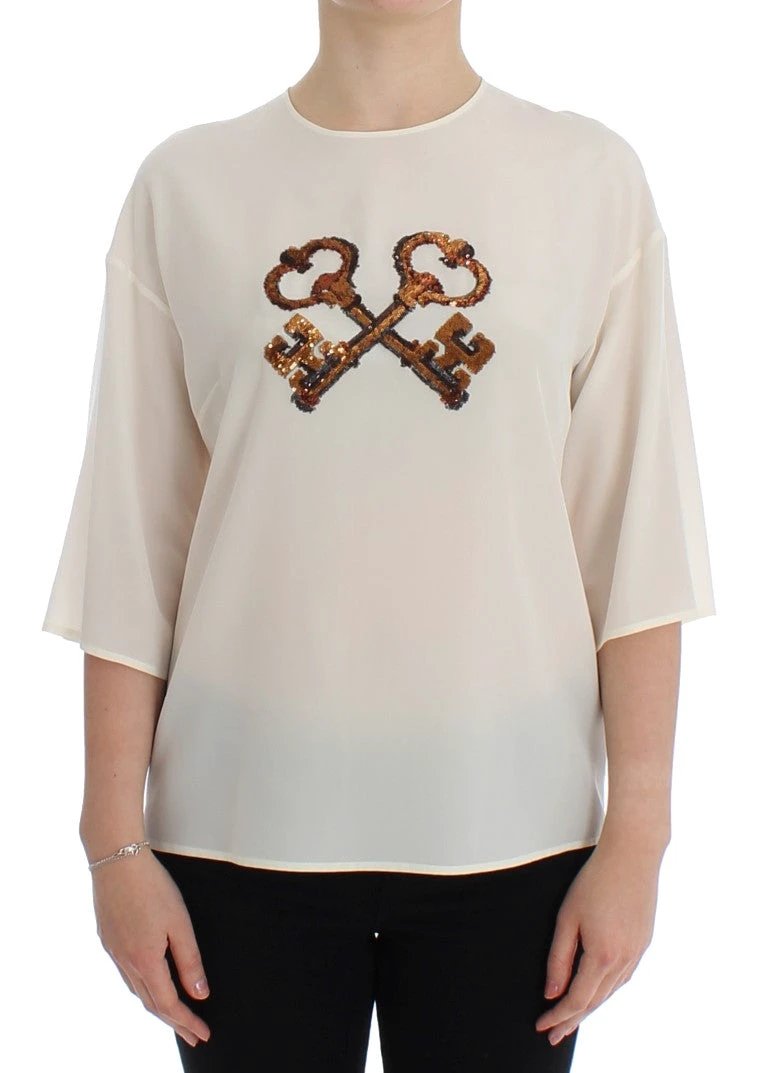 Dolce & Gabbana White Sequined Key Silk Blouse T-shirt Top by Dolce & Gabbana