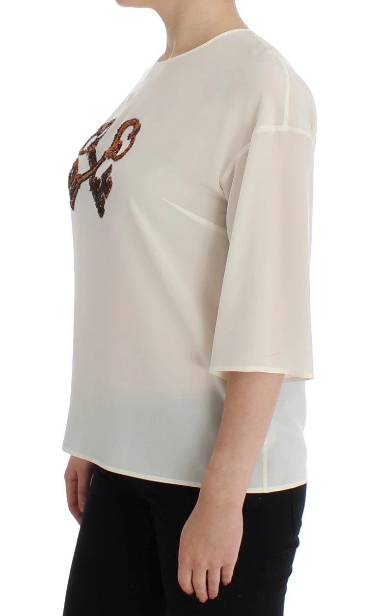 Dolce & Gabbana White Sequined Key Silk Blouse T-shirt Top by Dolce & Gabbana