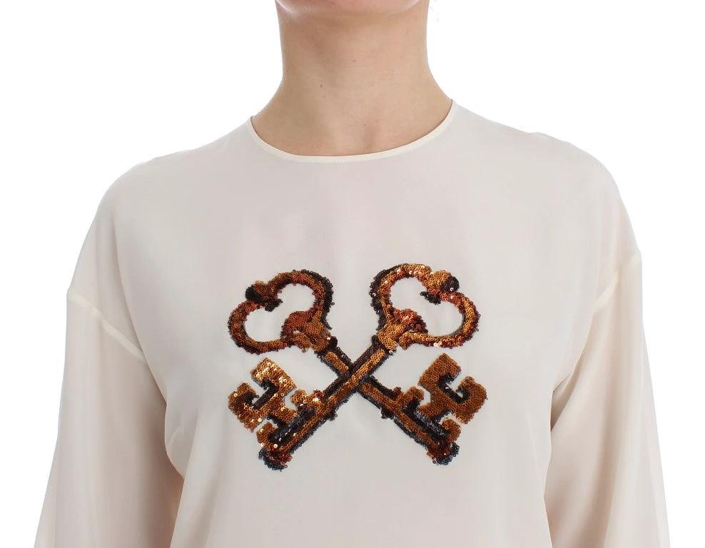 Dolce & Gabbana White Sequined Key Silk Blouse T-shirt Top by Dolce & Gabbana