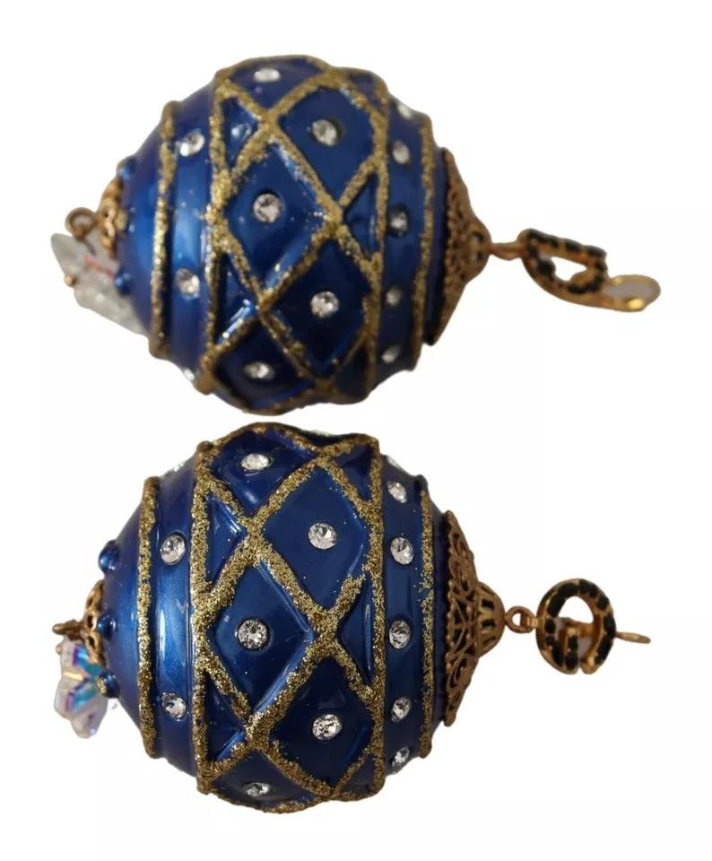 Dolce & Gabbana Gold Brass Blue Christmas Ball Crystal Hook Jewelry Earrings by Dolce & Gabbana