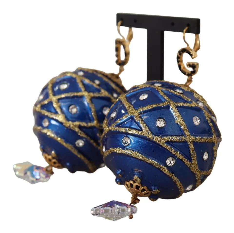 Dolce & Gabbana Gold Brass Blue Christmas Ball Crystal Hook Jewelry Earrings by Dolce & Gabbana