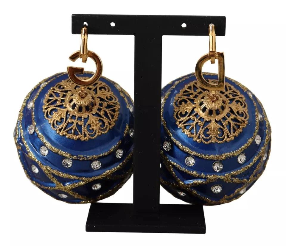 Dolce & Gabbana Gold Brass Blue Christmas Ball Crystal Hook Jewelry Earrings by Dolce & Gabbana