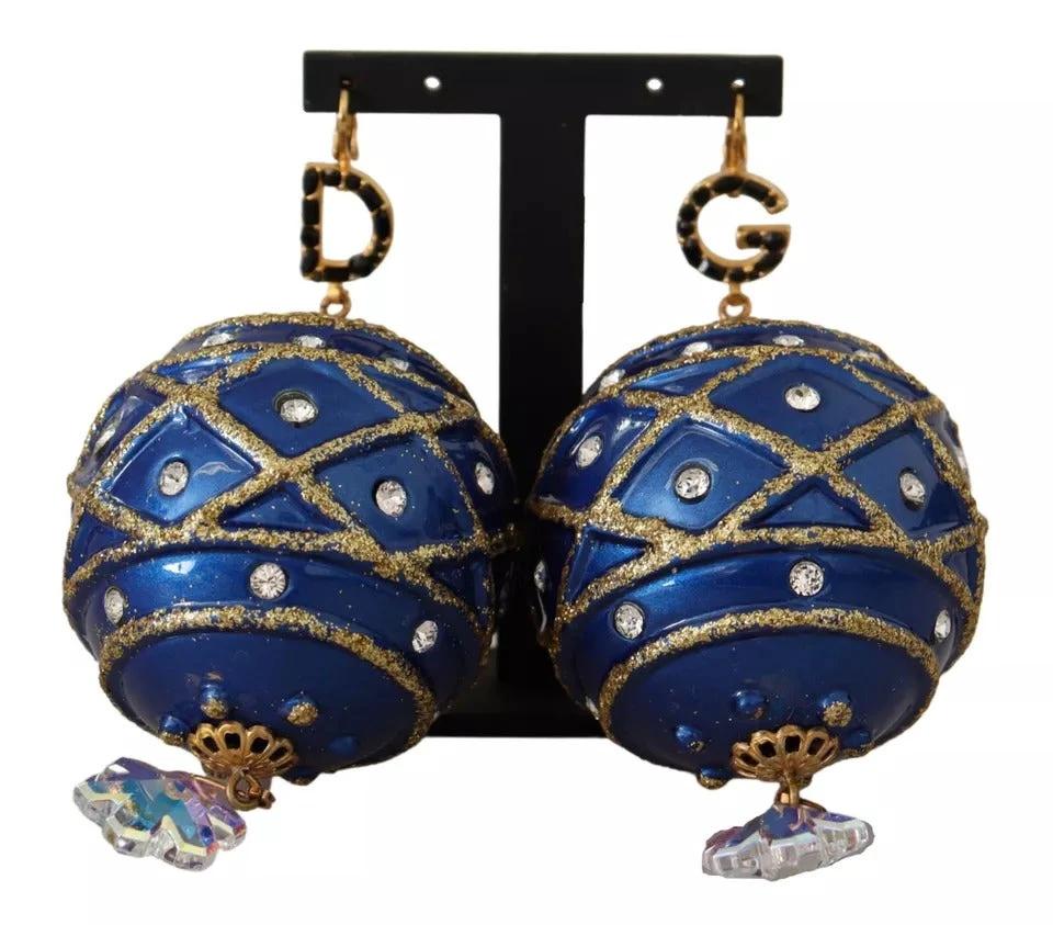Dolce & Gabbana Gold Brass Blue Christmas Ball Crystal Hook Jewelry Earrings by Dolce & Gabbana