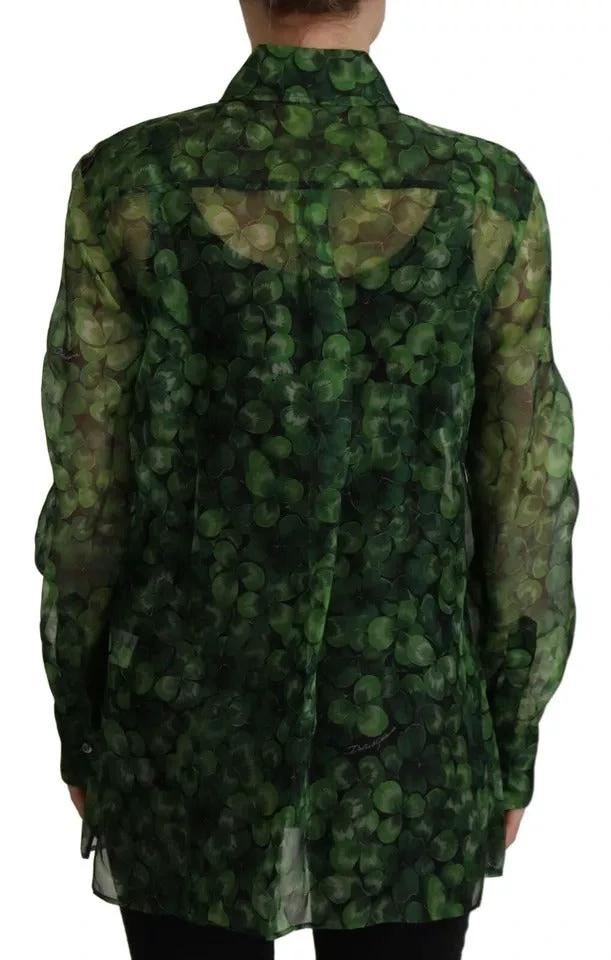 Dolce & Gabbana Green Clover Print Long Sleeves Collared Top Blouse by Dolce & Gabbana