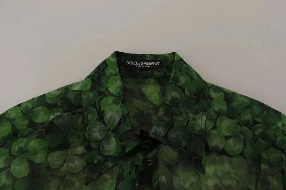 Dolce & Gabbana Green Clover Print Long Sleeves Collared Top Blouse by Dolce & Gabbana