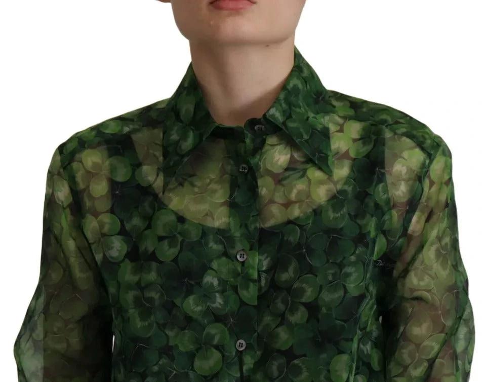 Dolce & Gabbana Green Clover Print Long Sleeves Collared Top Blouse by Dolce & Gabbana