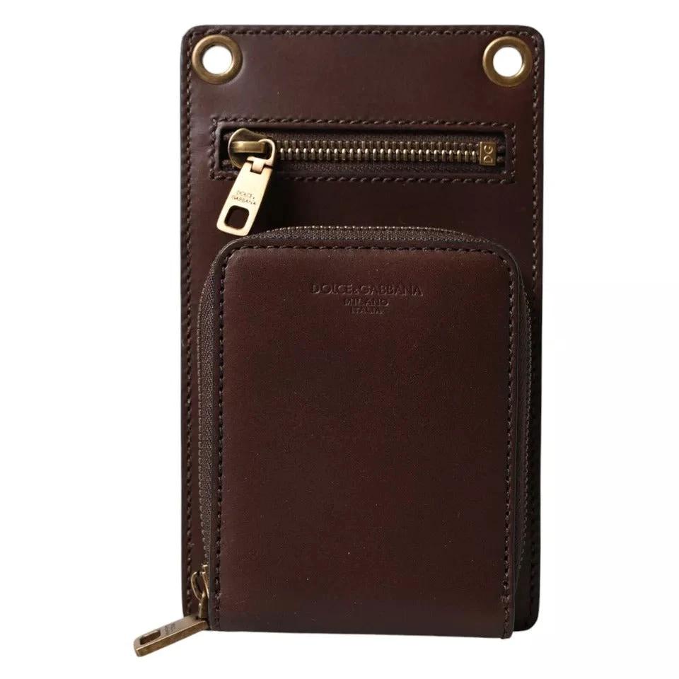 Dolce & Gabbana Brown Calf Leather Zip Logo Shoulder Neck Strap Wallet by Dolce & Gabbana
