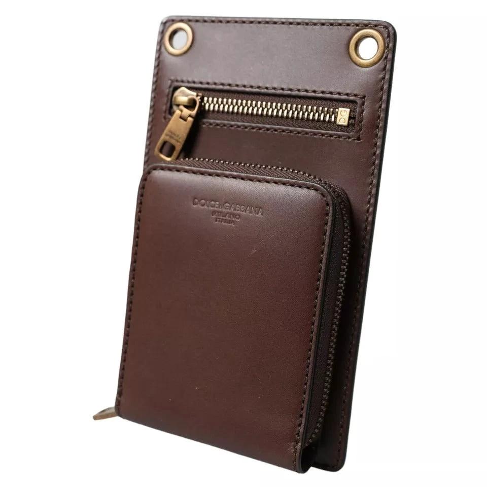 Dolce & Gabbana Brown Calf Leather Zip Logo Shoulder Neck Strap Wallet by Dolce & Gabbana