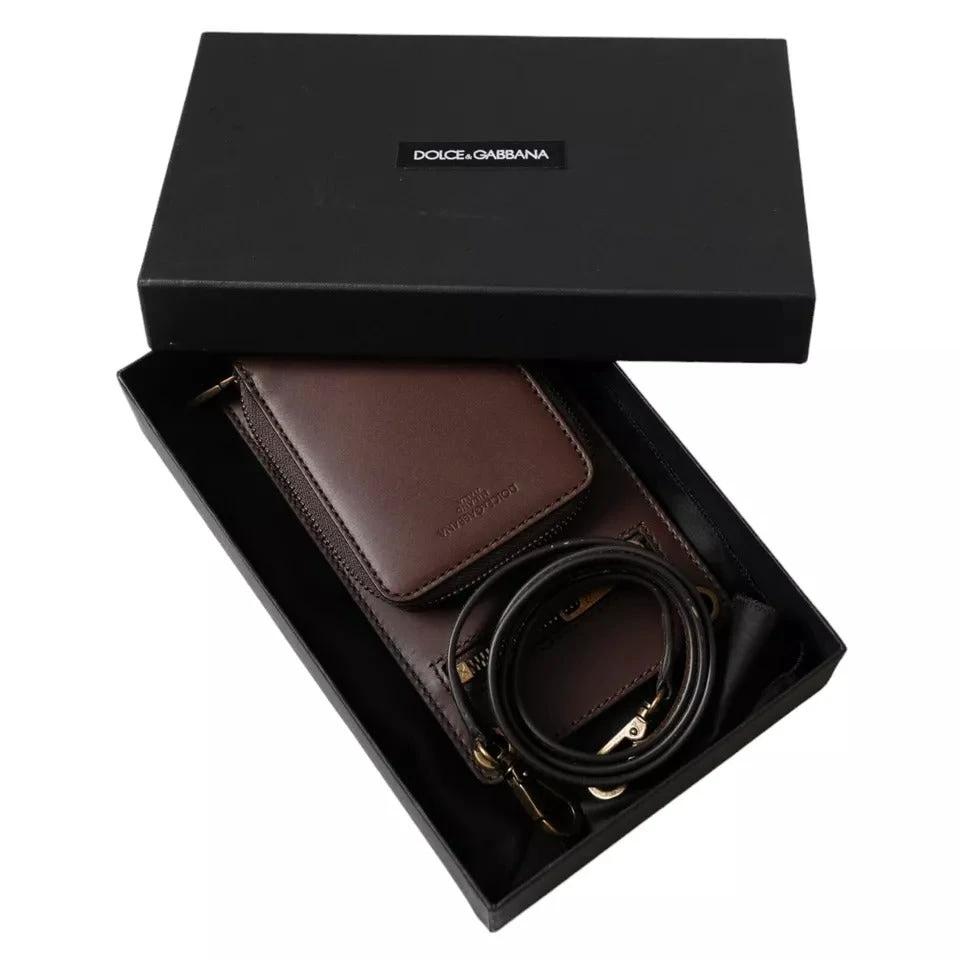 Dolce & Gabbana Brown Calf Leather Zip Logo Shoulder Neck Strap Wallet by Dolce & Gabbana