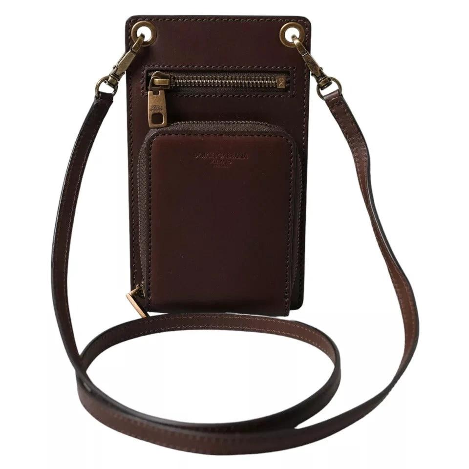 Dolce & Gabbana Brown Calf Leather Zip Logo Shoulder Neck Strap Wallet by Dolce & Gabbana