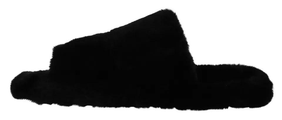 Dolce & Gabbana Black Polyester Faux Fur Mens Flats Sandals Shoes by Dolce & Gabbana