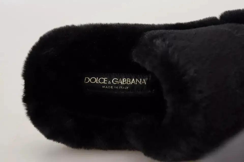 Dolce & Gabbana Black Polyester Faux Fur Mens Flats Sandals Shoes